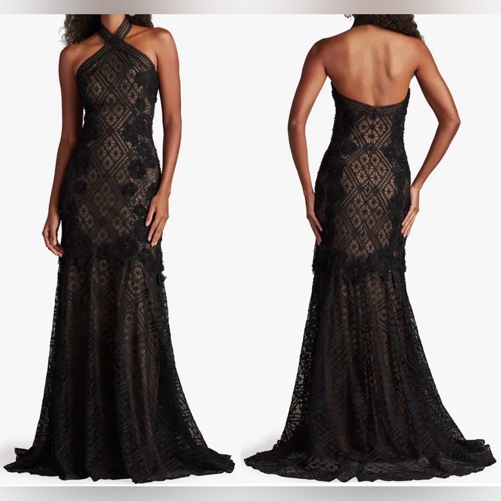 NEW Tadashi Shoji Lakota Embroidered Halter Black Gown    Sz 10